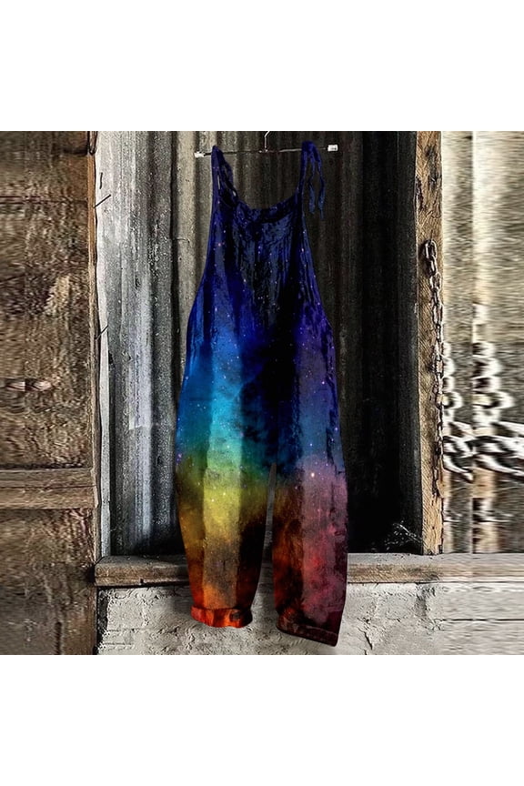 Womens Bib Overalls Womens Flower Print Loose Beach Vacation Trendy Jumpsuits Straight Leg Pants Dark Blue XL