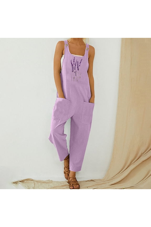 Womens Bib Overalls Womens Graphics Print Loose Fit Beach Vacation Trendy Jumpsuits Summer Baggy Pants With Pockets Purple M
