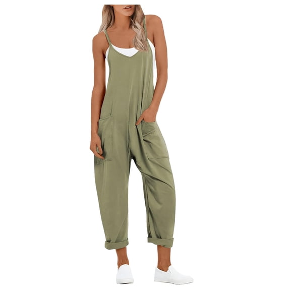 Conairie Womens Bib Overalls Womens Solid Color Loose Sleeveless Long Romper Straight Leg Pants With Pockets Green M