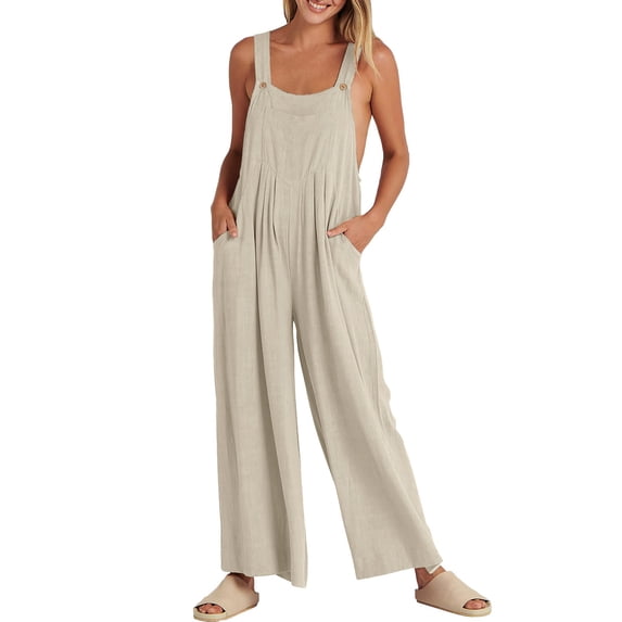 Conairie Womens Bib Overalls Womens Solid Color Stretchy Sleeveless Long Romper One Piece Outfits With Pockets Khaki L