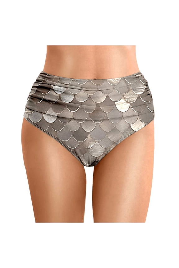 Womens Bikini Bottoms Graphics Print High Cut Full Coverage Swimsuit Ruched Scrunch Bathing Suit Bottom Grey L