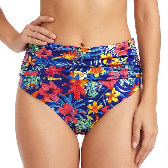 Conairie Womens Bikini Bottoms High Waisted Full Coverage Bathing Suit Floral Print Ruched Scrunch Swim Bottom Navy L