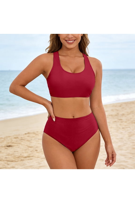 Womens Bikini Sets High Waisted Swimsuit Two Piece Loose Tummy Control Halter Bathing Suit Solid Color Swimwear Summer Outfits Clothes XL