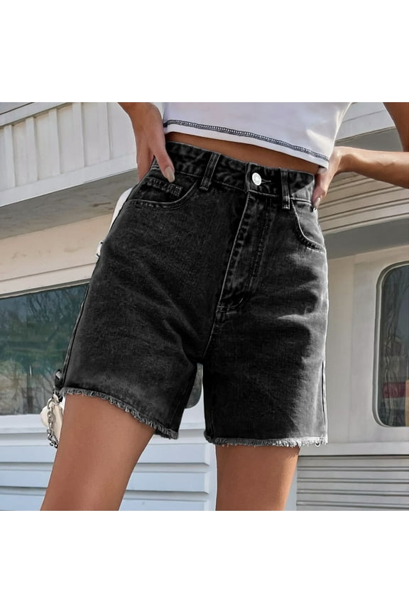 Womens Black Jean Shorts Baggy Frayed Raw Hem Elastic High Waisted Denim Shorts Comfort Summer Distressed Trousers with Pockets L