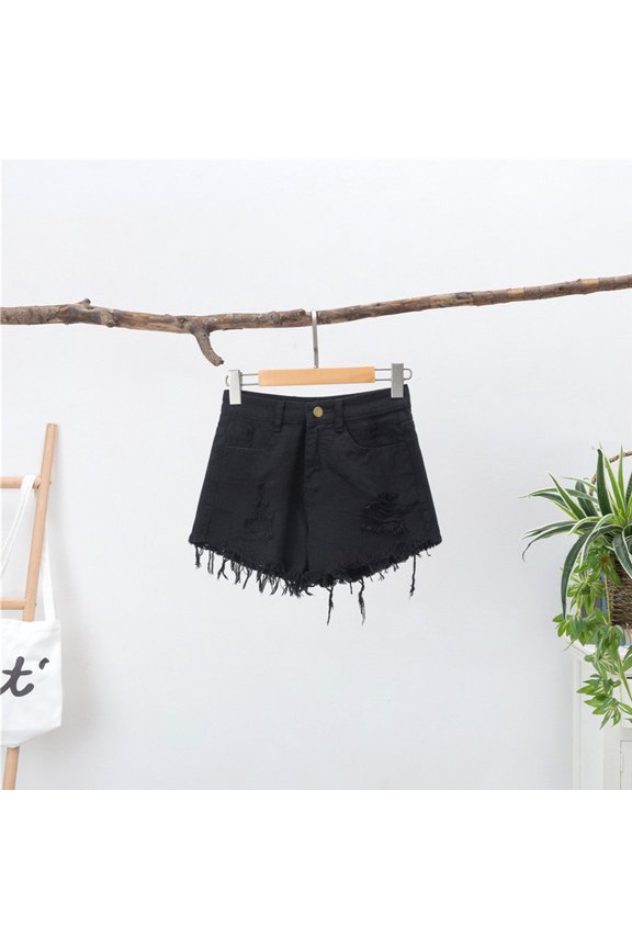 Womens Black Jean Shorts Slim Ripped Raw Hem Elastic High Waisted Denim Shorts Summer Distressed Trousers with Pockets L