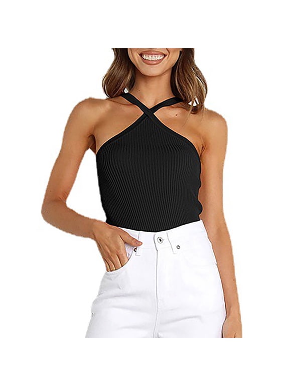 Womens Camisole Tank Tops Criss Cross Halter Top Double Lined Backless Crop Tops Knit Fitting Y2k Vacation Outfits L