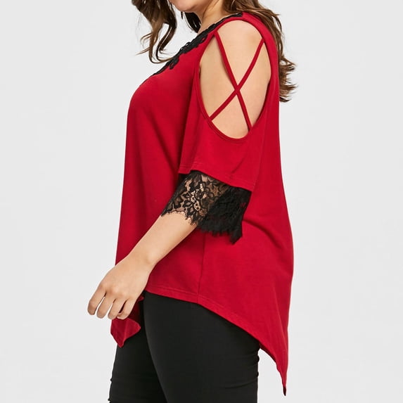 Conairie Womens Cold Shoulder Tops V Neck Solid Loose Short Sleeve T-Shirt Breathable Soft Basic Work Tee Vacation Clothes Red M
