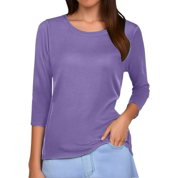 Conairie Womens Cute T Shirts Casual Loose Crew Neck 3/4 Sleeve Shirts Solid Classic Dressy Breathable Work Tee Pullover Outfits Dark Purple XXL