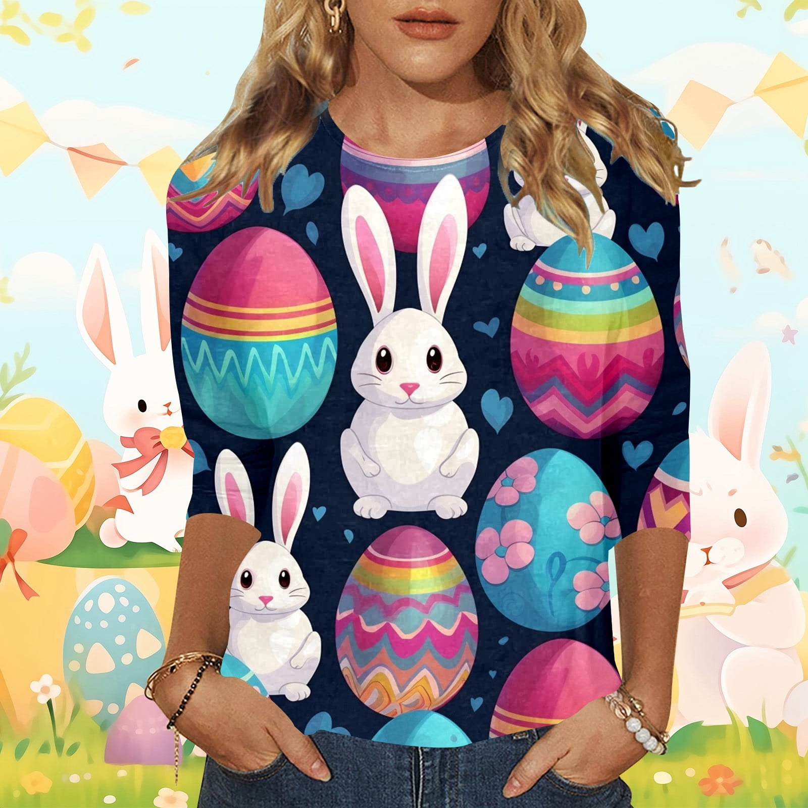 Conairie Womens Easter Shirts Rabbit Print Crew Neck 3/4 Sleeve T-Shirt ...