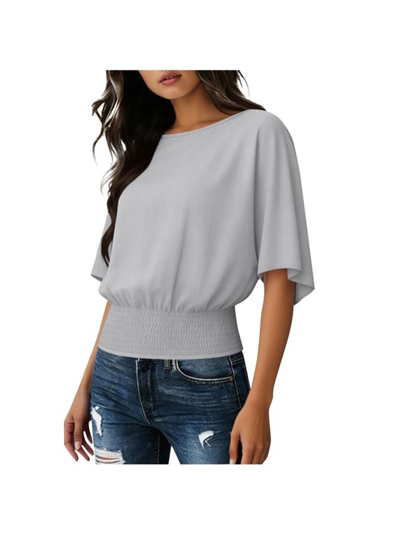 Womens Half Sleeve Tops Loose Solid Color Crew Neck Elbow Length T Shirts Lightweight Basic Blouses Vacation Clothes L