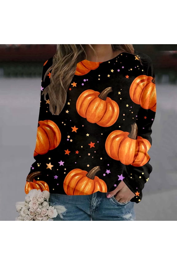 Womens Halloween Sweatshirts Crewneck Ghost Pumpkin Print Loose Cozy Sweater Spooky Season Long Sleeve Pullover Tops Winter Outfits Clothes Orange L