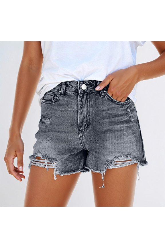 Womens Jean Shorts Slim Ripped Raw Hem Stretchy High Waisted Denim Shorts Comfort Summer Distressed Trousers with Pockets Grey S