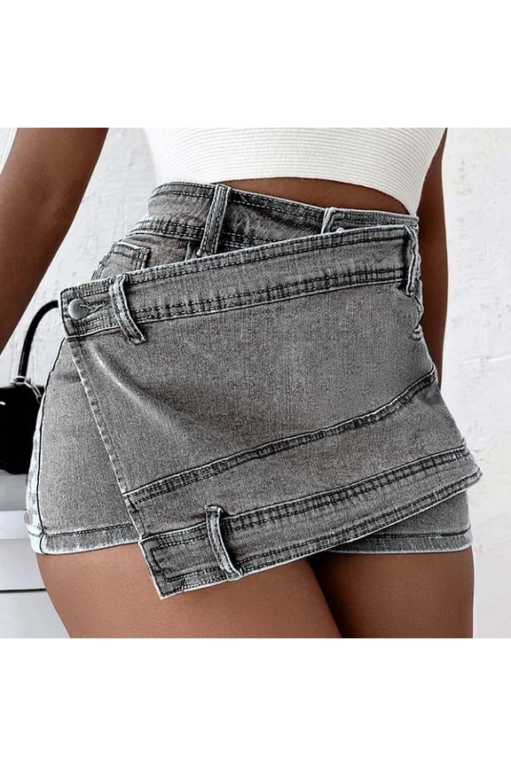 Womens Jean Shorts Slim Wrap Skirt Pants Elastic High Waisted Denim Shorts Casual Vintage Washed Summer Trousers with Pockets Grey S