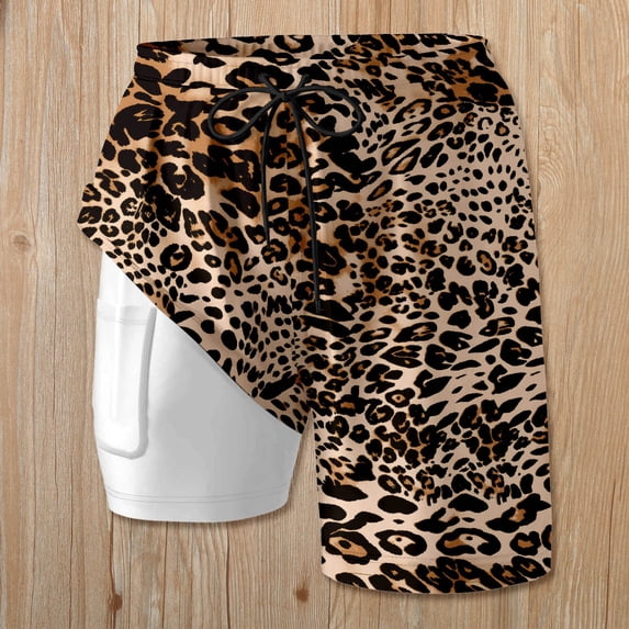 Conairie Womens Leopard Print 2 Layer Swim Shorts with Lining Pocket Summer Shorts with Pockets OTHER L