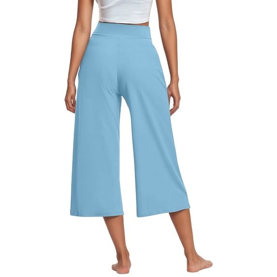Conairie Womens Linen Capri Pants Solid Elastic Waisted Casual Lounge Boho Flowy Pants Wide Leg Loose Summer Beach Trousers With Pockets BU2 S