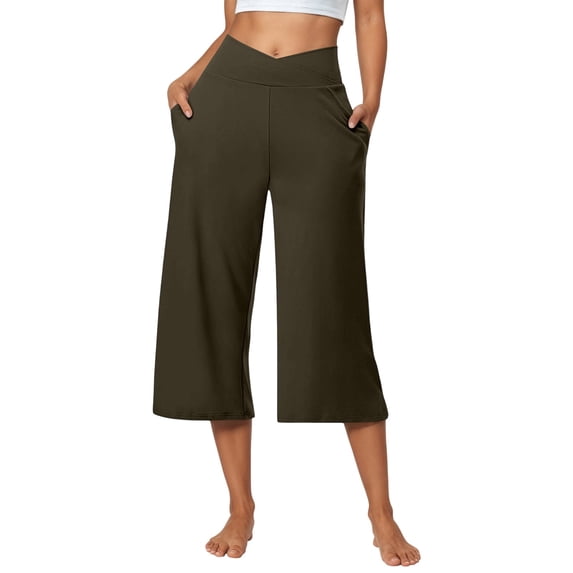 Conairie Womens Linen Capri Pants Wide Leg High Waisted Lounge Palazzo Trousers Solid Relaxed Fit Summer Beach Trousers With Pockets Green XL