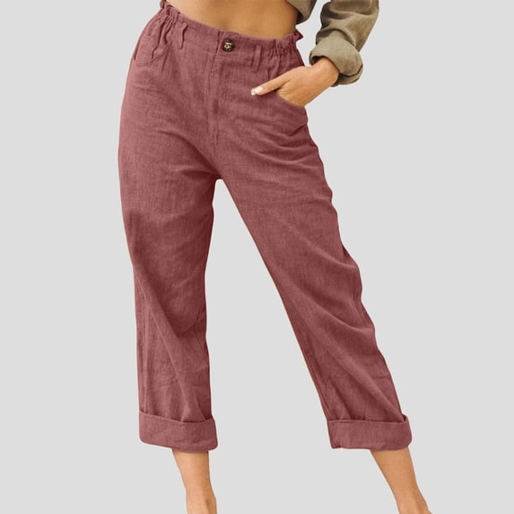 Conairie Womens Linen Pants Solid Straight Leg Elastic Waisted Casual Lounge Boho Flowy Capri Pants With Button Summer Beach Trousers With Pockets RD2 S