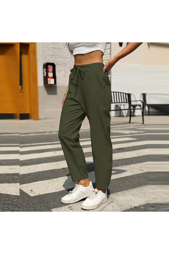 Womens Linen Pants Straight Leg Elastic Waisted Lounge Palazzo Pants Summer Beach Trousers With Pockets Army Green L