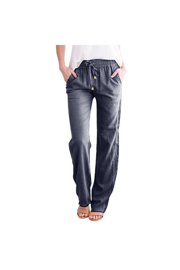 Womens Linen Pants Wide Leg Elastic Waisted Casual Palazzo Pants With Drawstring Vacation Beach Pants Outfits With Pockets Dark Blue XL