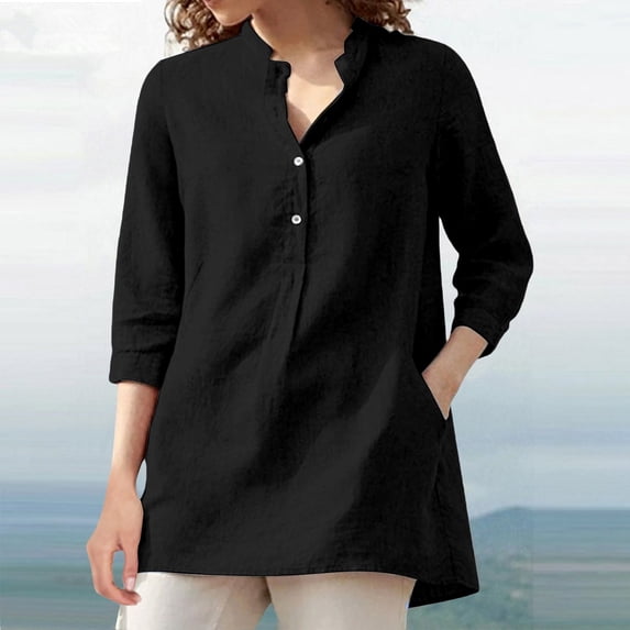 Conairie Womens Linen Shirts Short Sleeve Regular Fit Collar Button Shirts Solid Lightweight Soft Basic Work Tee Vacation Clothes Black L