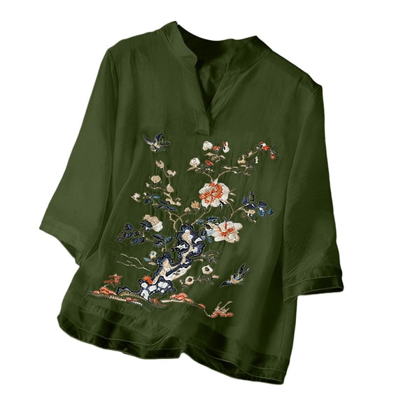 Conairie Womens Linen Shirts Short Sleeve V Neck Tee Embroidery Fashion ...