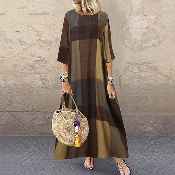 Conairie Womens Maxi Dresses Solid Color Crew Neck Loose Elegant Long Sleeve A-Line Dress Vocation Boho Swing Dress Khaki M