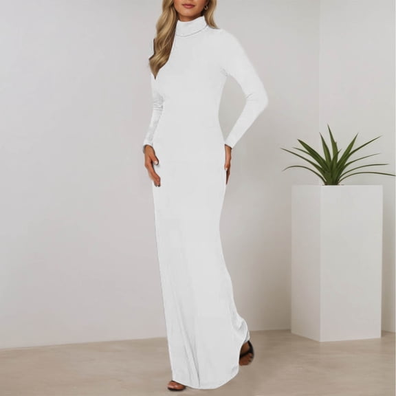 Conairie Womens Maxi Dresses Solid Color Crew Neck Slim Elegant Long Sleeve Dress Comfort Soft Lounge Long Bodycon Dress White M