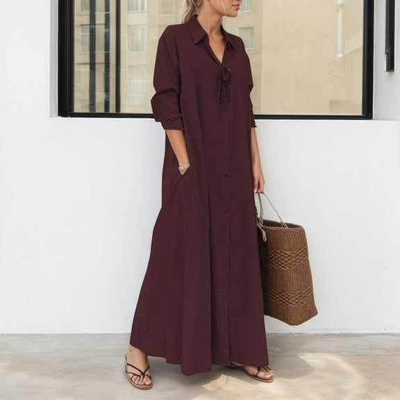 Conairie Womens Maxi Dresses Solid Color V Neck Loose Casual Long Sleeve Flowy Dress Lightweight Wedding Guest formal Dresses Red XXXL