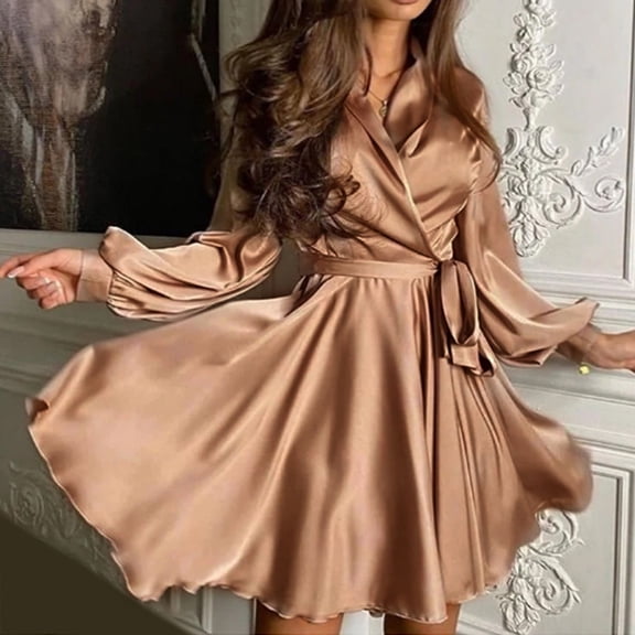 Conairie Womens Maxi Dresses Solid Color V Neck Loose Elegant Long Sleeve Dress Wedding Guest Swing Dress Khaki M