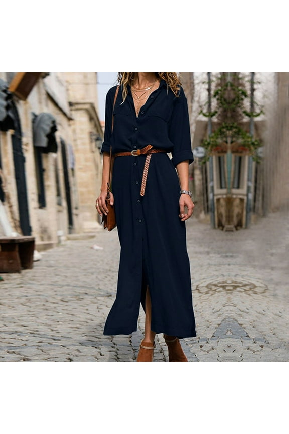 Womens Maxi Dresses Solid Color V Neck Loose Stretch Fashion Long Sleeve Flowy Dress Comfort Wedding Guest Swing Dress Navy M