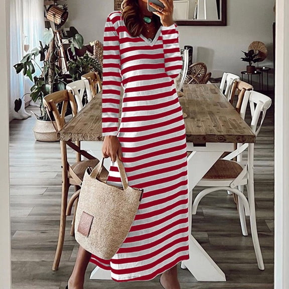 Conairie Womens Maxi Dresses Stripes Print Crew Neck Loose Elegant Long Sleeve Dress Lightweight Wedding Guest Swing Dress Red L