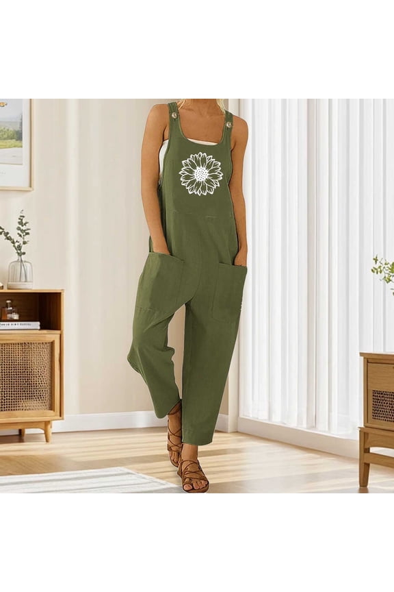 Womens Overalls Flower Print Adjustable Straps Jumpsuits One Piece Outfits With Pockets Army Green XXL