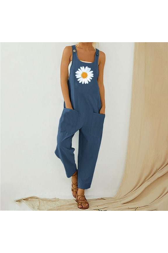 Womens Overalls Flower Print Lightweight Boho Streetwear Rompers Wide Leg Pants With Pockets Blue XXL