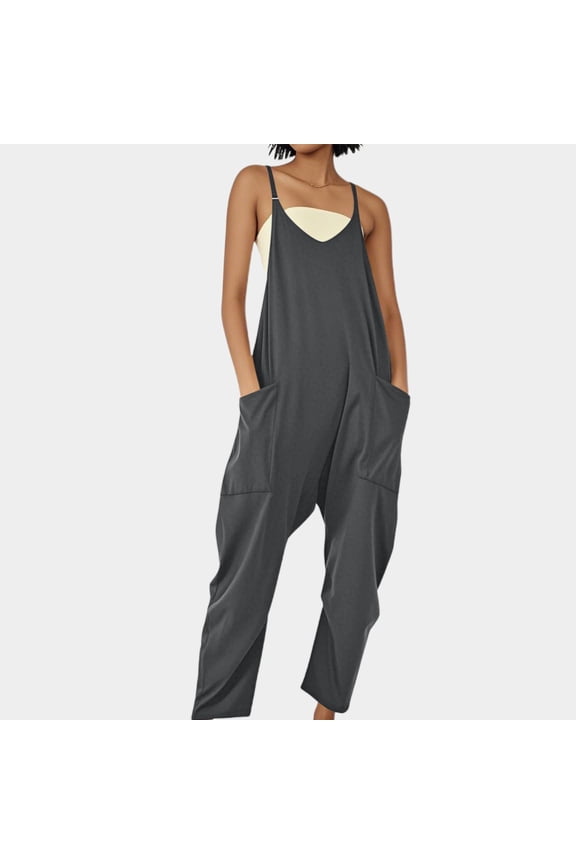 Womens Overalls Solid Color Boho Streetwear Rompers Wide Leg Pants With Pockets GY1 S