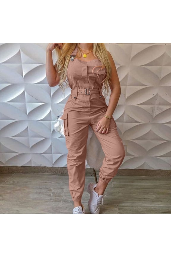 Womens Overalls Solid Color Casual Adjustable Straps Jumpsuits Summer Baggy Pants With Pockets Khaki XXL