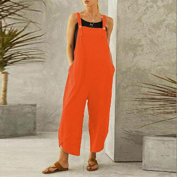 Conairie Womens Overalls Solid Color Comfy Boho Streetwear Rompers Summer Baggy Pants With Pockets Orange XXXXL