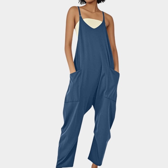 Conairie Womens Overalls Solid Color Lightweight Sleeveless Long Romper Straight Leg Pants With Pockets BU2 XXXL