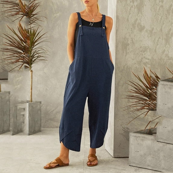 Conairie Womens Overalls Solid Color Loose Fit Adjustable Straps Jumpsuits Straight Leg Pants With Pockets Blue XXXXXL