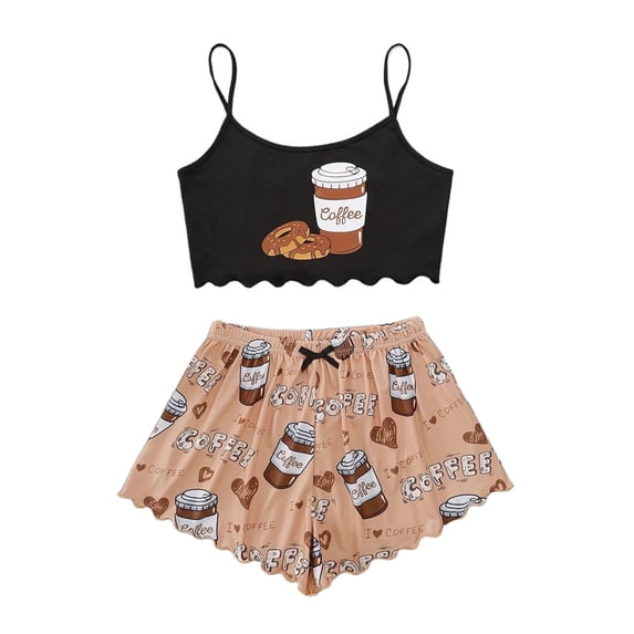 Conairie Womens Pajamas Set Graphic Sleeveless Tops and Shorts Pj Set Scoop Neck Soft Nightwear Two Piece Sleepwear Sets Coffee M