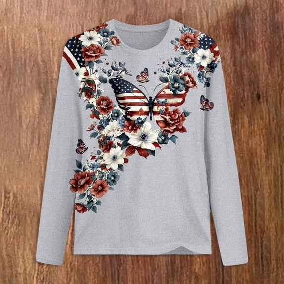 Conairie Womens Patriotic Shirts Loose Crew Neck Long Sleeve 4th of July T Shirt With Letter Print Work Tee Pullover Outfits Dark Gray XL