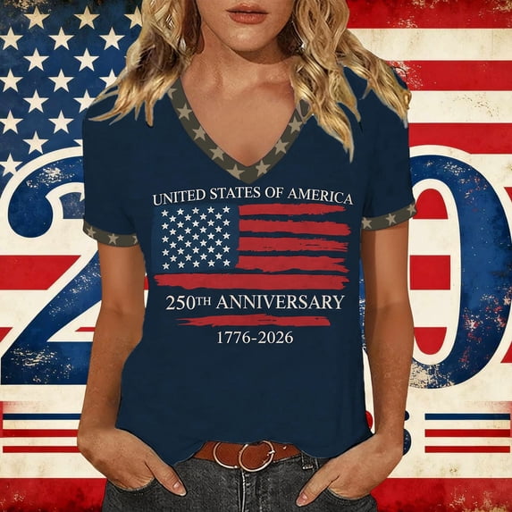 Conairie Womens Patriotic Shirts Loose Crew Neck Short Sleeve 4th of July T Shirt With Letter Print Basic Work Tee Vacation Clothes Blue L