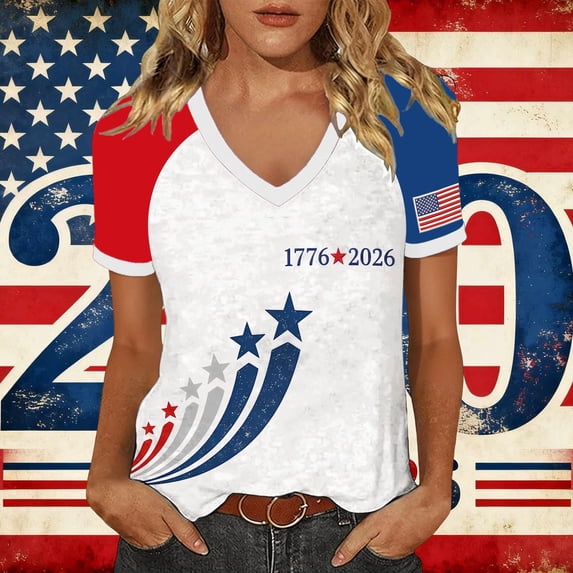 Conairie Womens Patriotic Shirts Loose Crew Neck Short Sleeve 4th of July T Shirt With Letter Print Basic Work Tee Vacation Clothes White S