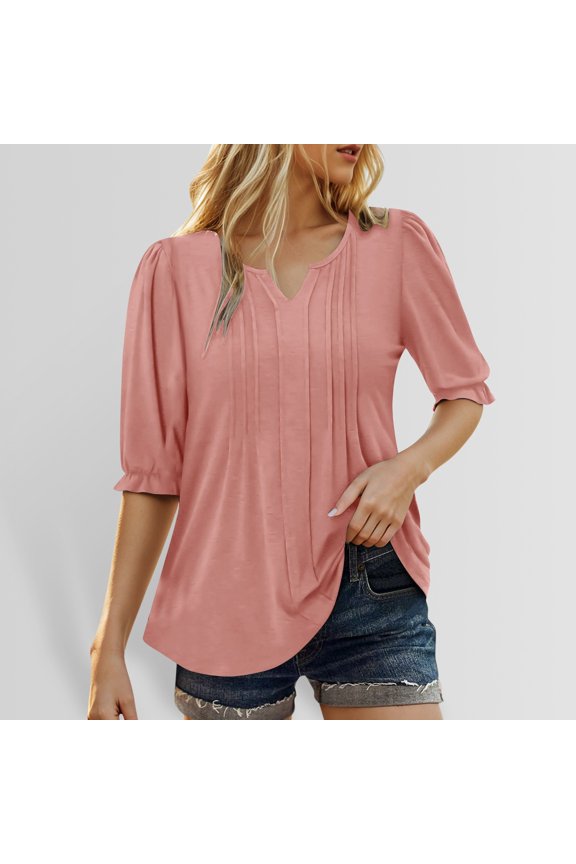 Womens Puff Short Sleeve Tops Loose Solid V Neck T-Shirts Breathable Soft Work Tee Pullover Outfits Pink XXL
