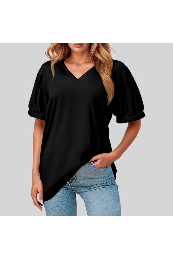 Womens Puff Short Sleeve Tops Loose Solid V Neck T-Shirts Comfy Work Tee Pullover Outfits Black M