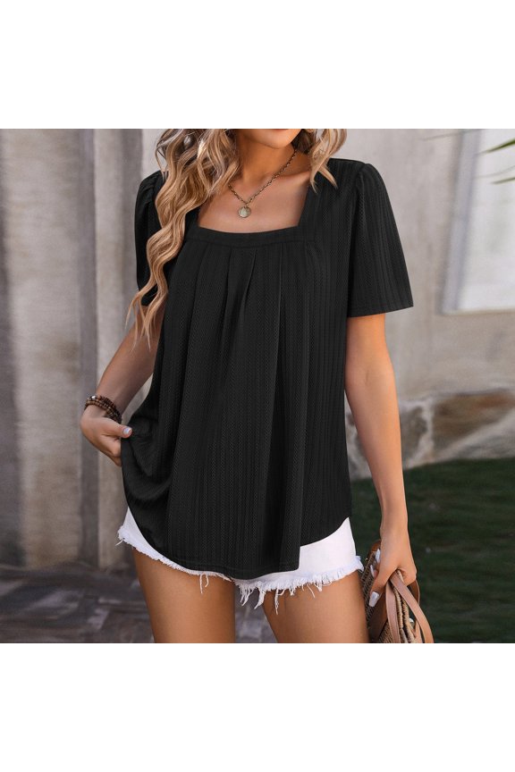 Womens Puff Short Sleeve Tops Solid Loose Square Neck T Shirts Comfy Soft Classic Dressy Casual Tee Black M