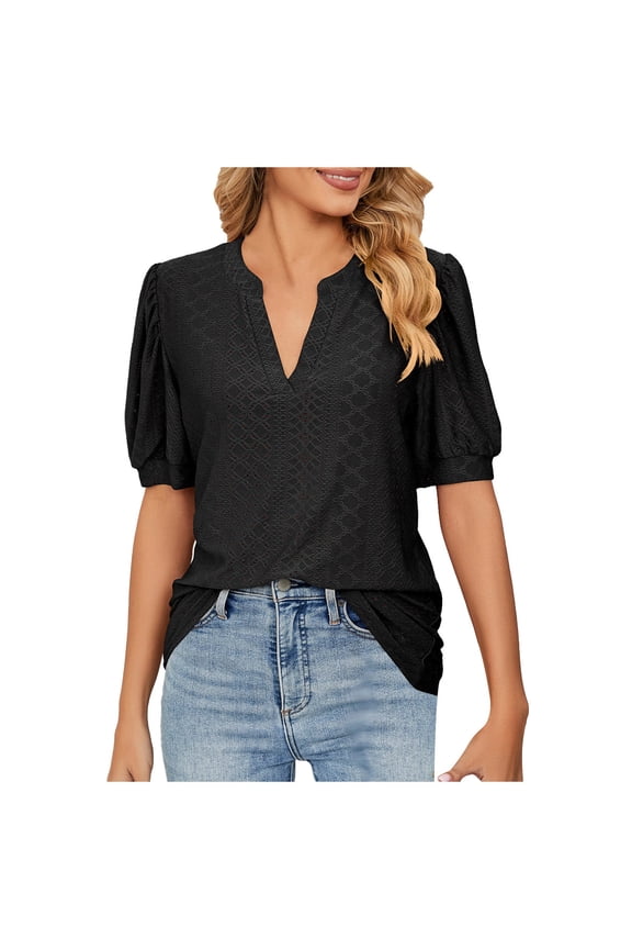 Womens Puff Short Sleeve Tops Solid Loose V Neck T Shirts Breathable Work Tee Pullover Outfits Black XXL