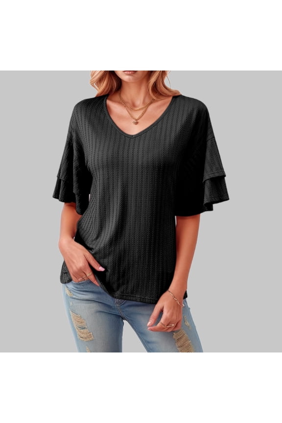 Womens Puff Short Sleeve Tops Solid Loose V Neck T Shirts Lightweight Soft Classic Dressy Casual Tee Black XL