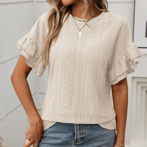 Conairie Womens Ruffle Short Sleeve Tops Solid Loose Crew Neck T Shirts Comfy Soft Basic Work Tee Vacation Clothes Beige S