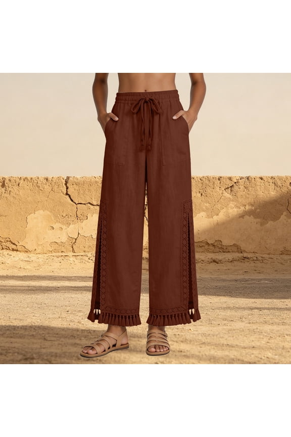 Womens Solid Linen Side Split Lace Fringe Wide Leg Pants Bohemian Resort Casual Brown S