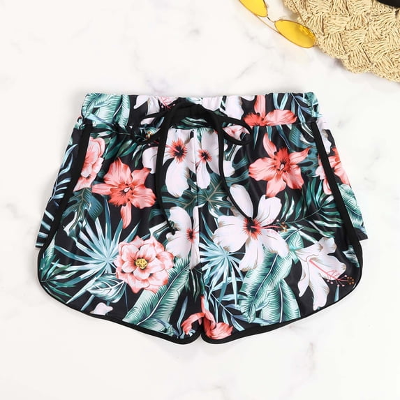 Conairie Womens Swim Shorts Full Coverage High Cut Swimsuit Comfortable Floral Print Ruched Scrunch Swim Bottom Black L